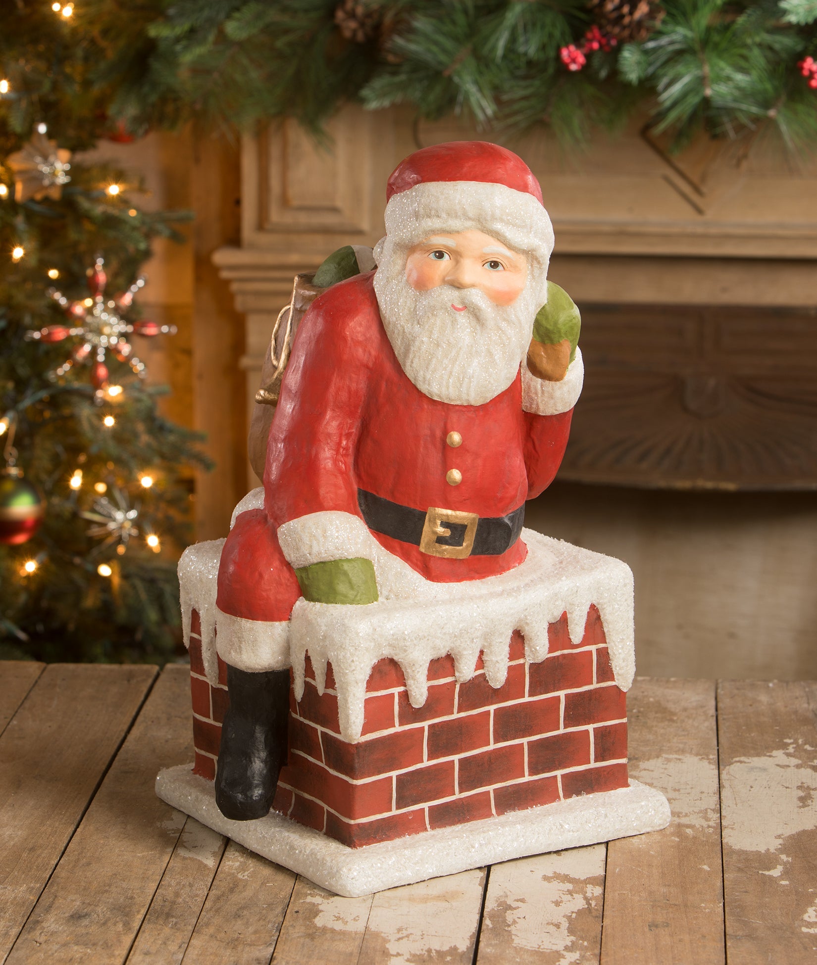 Traditional Santa Down Chimney Large Paper Mache