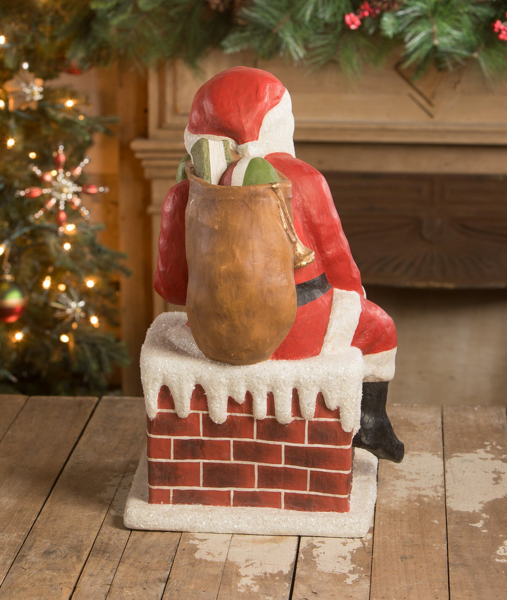 Traditional Santa Down Chimney Large Paper Mache