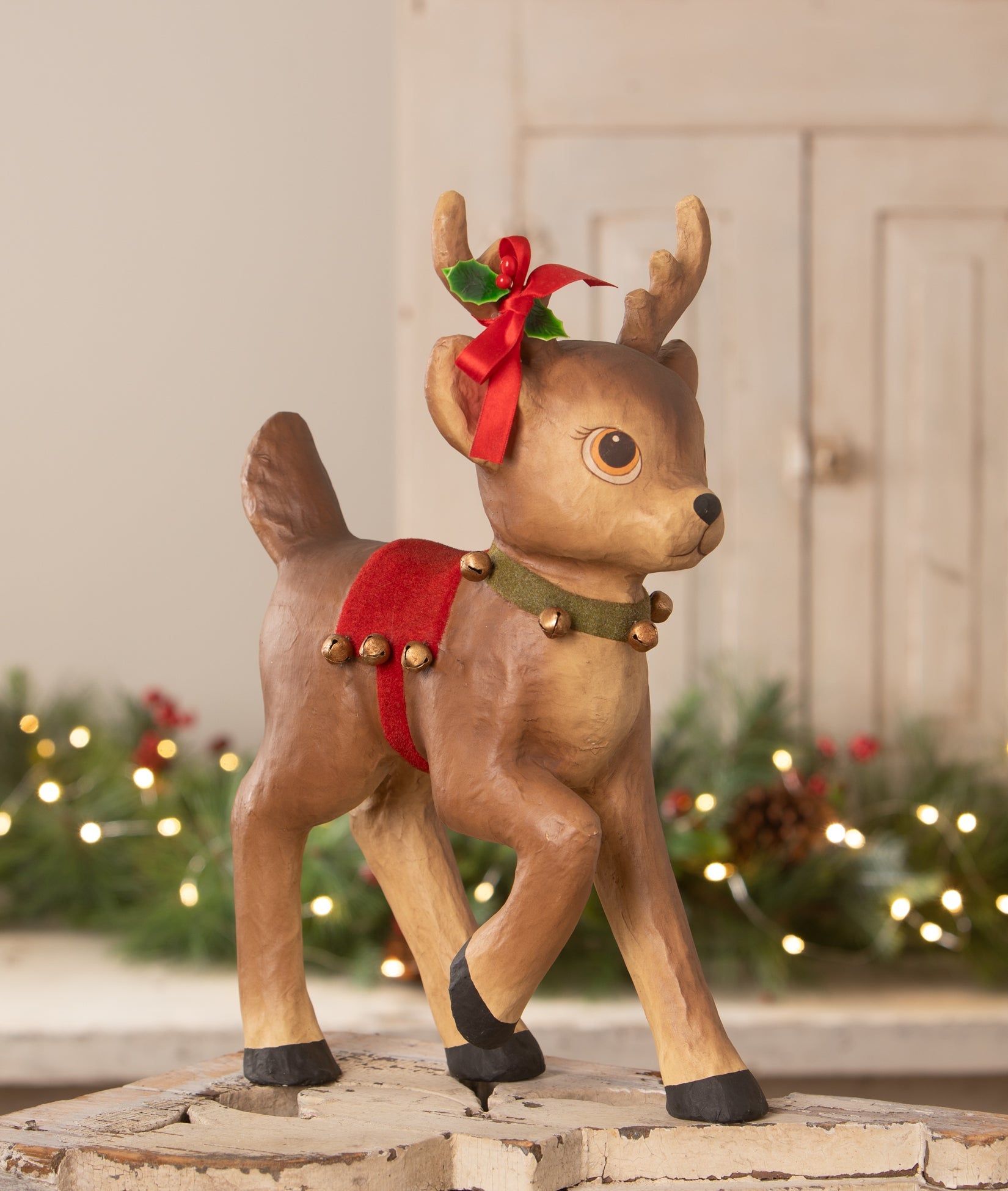 Retro Reindeer With Bells Large Paper Mache