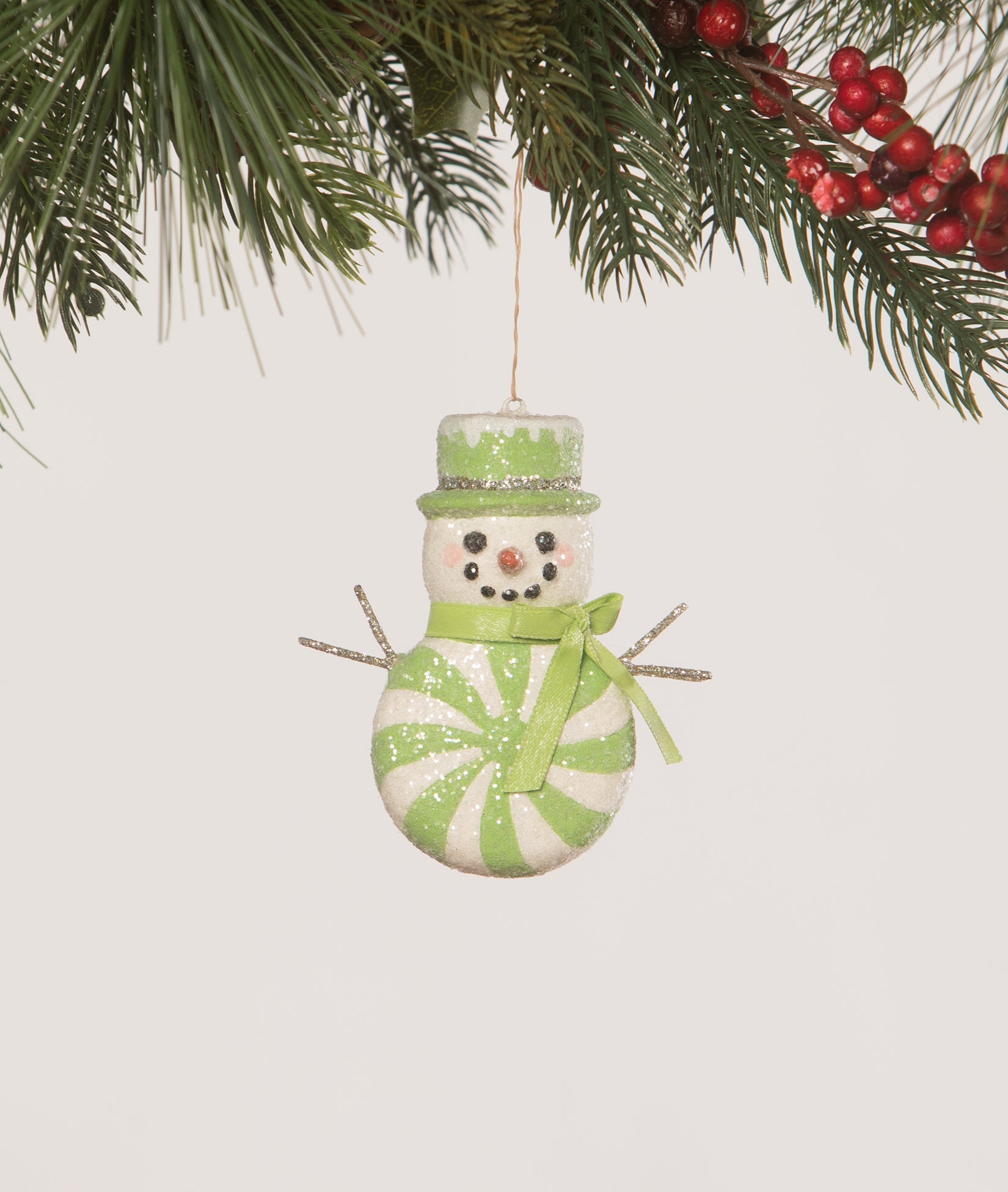 Green Peppermint Snowman Ornament